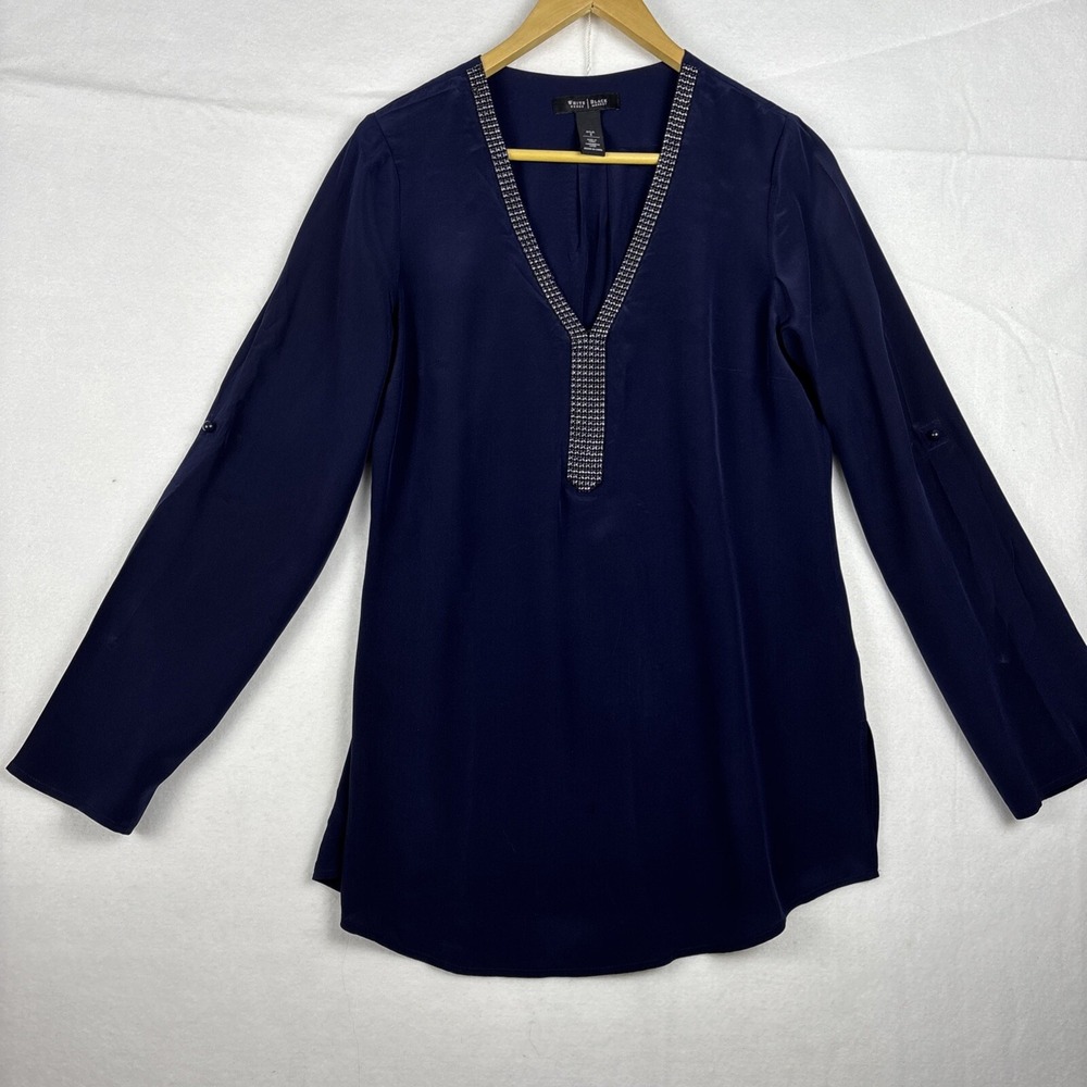 White House Black Market Navy W/ Beading Tunic Top 100% Silk Size 6 V Neck